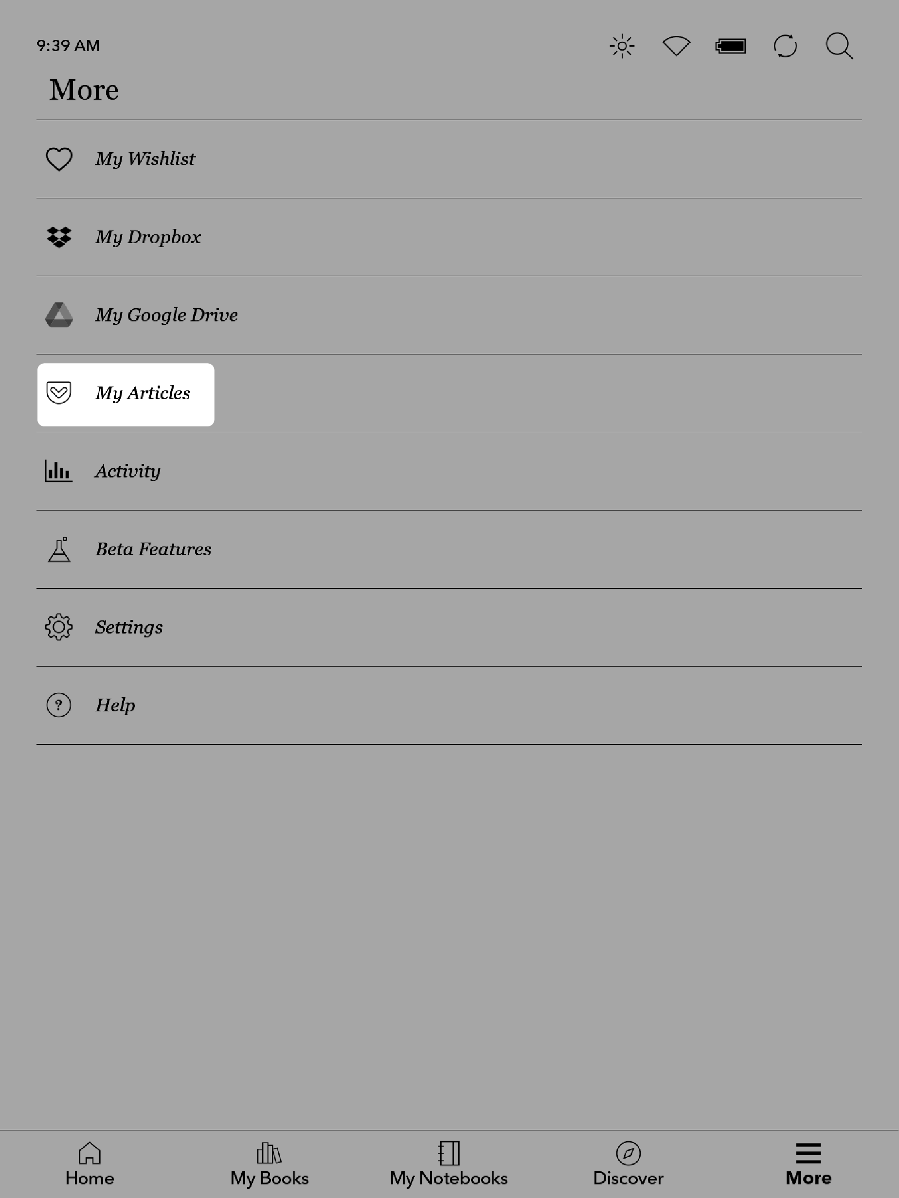 Kobo eReader More menu with the My Articles button highlighted.
